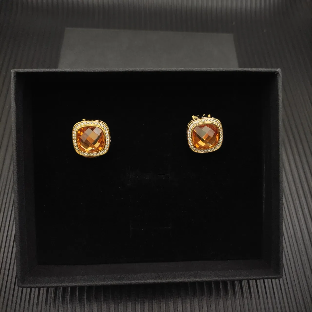David Yurman Cushion-Cut Amber Stone Pavé Halo Gold Earrings 7