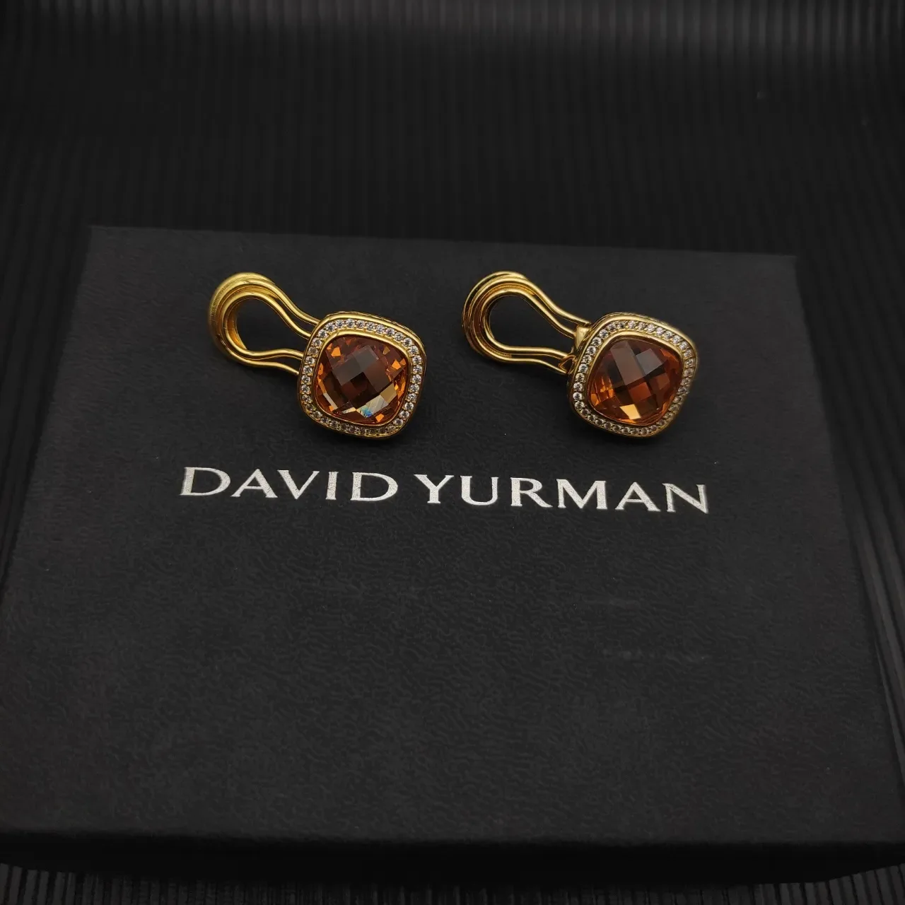 David Yurman Cushion-Cut Amber Stone Pavé Halo Gold Earrings 8