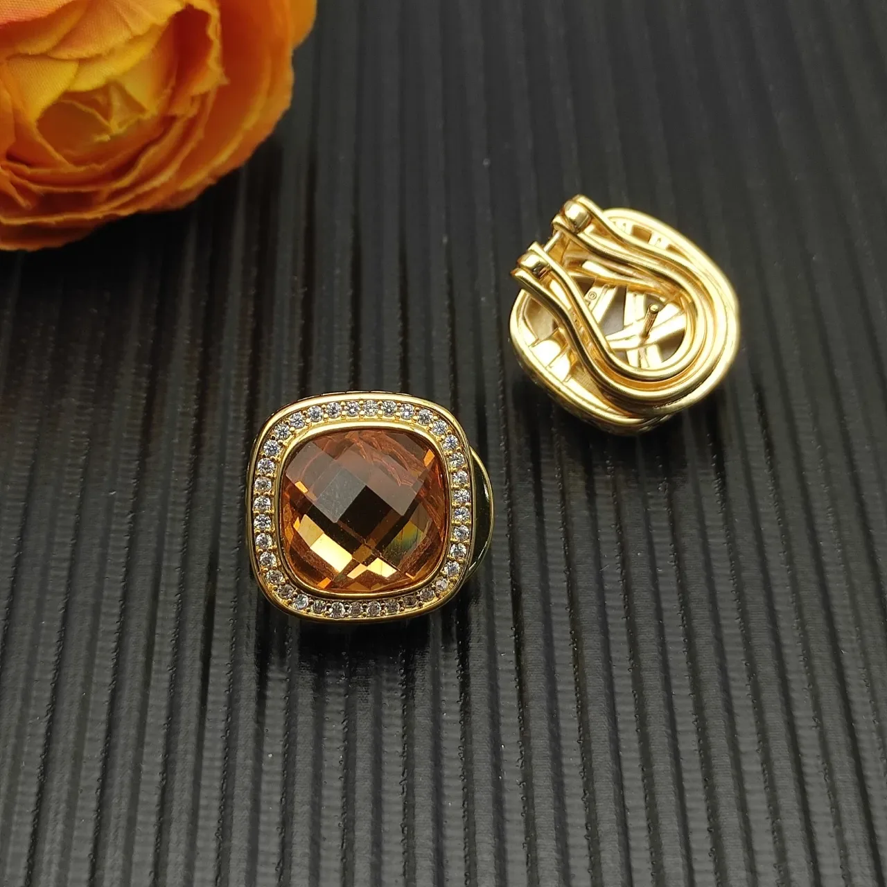 David Yurman Cushion-Cut Amber Stone Pavé Halo Gold Earrings 9
