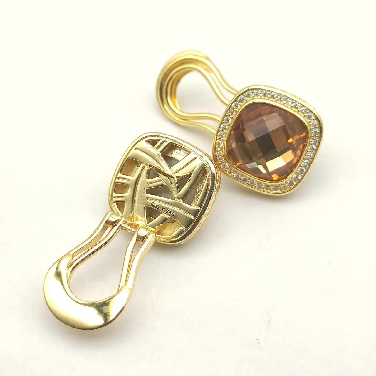 David Yurman Cushion-Cut Amber Stone Pavé Halo Gold Earrings 10