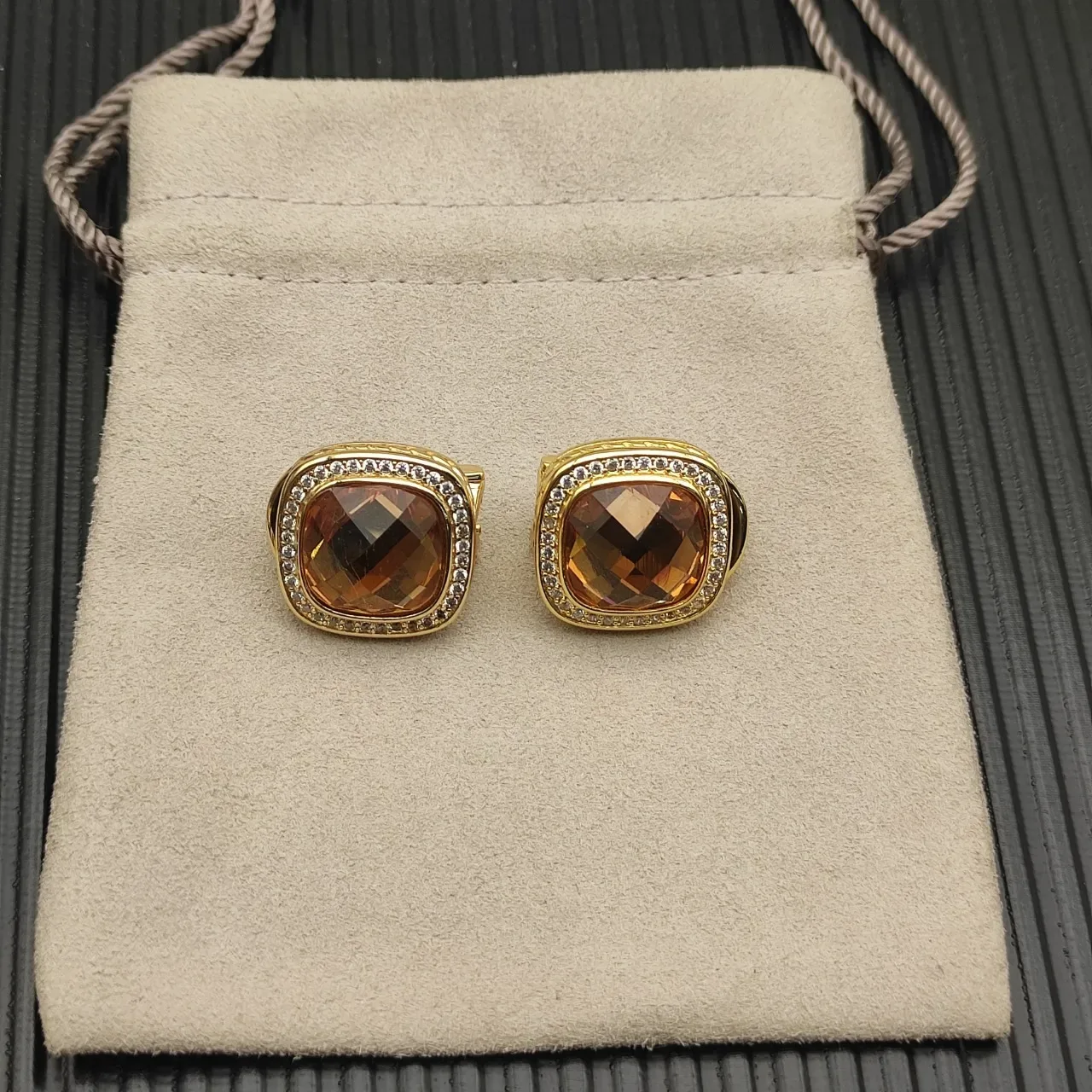David Yurman Cushion-Cut Amber Stone Pavé Halo Gold Earrings 11