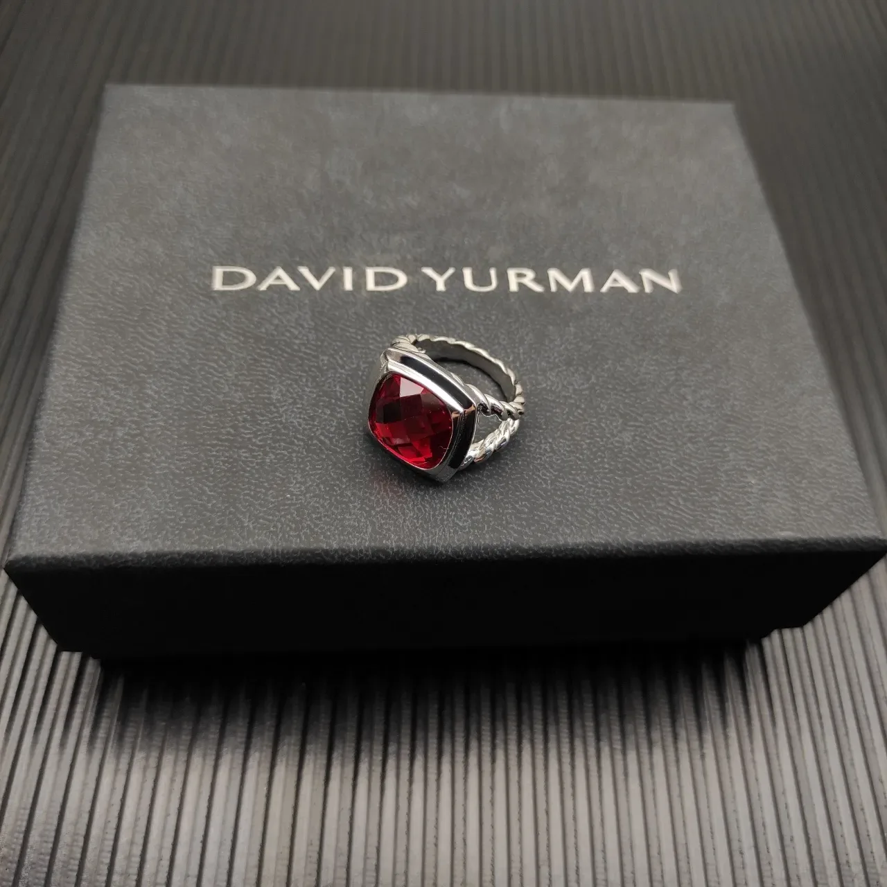 David Yurman Red Silver Twisted Cable Band Rectangular Bezel-Set Gemstone Ring 5