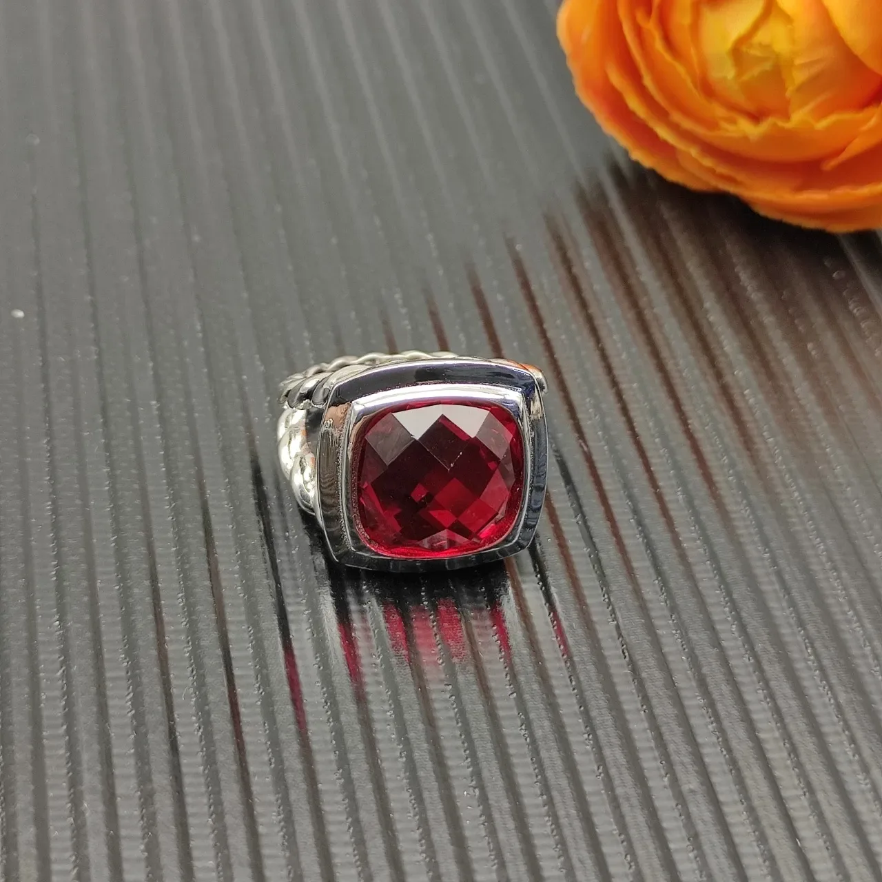 David Yurman Red Silver Twisted Cable Band Rectangular Bezel-Set Gemstone Ring 7