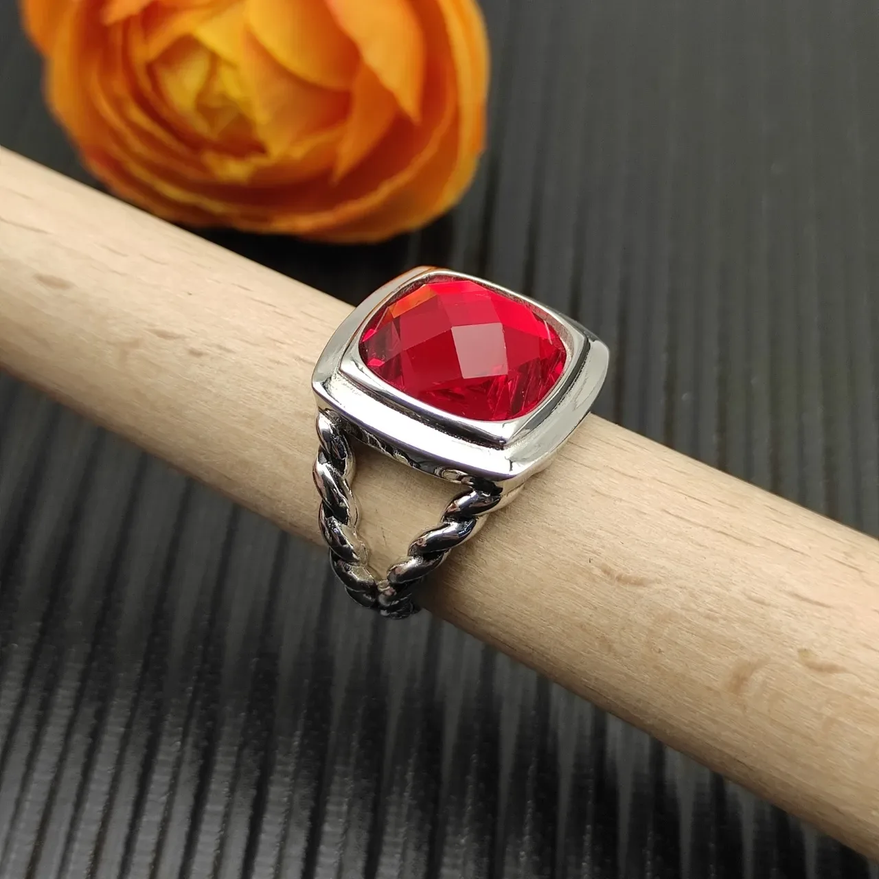David Yurman Red Silver Twisted Cable Band Rectangular Bezel-Set Gemstone Ring 8