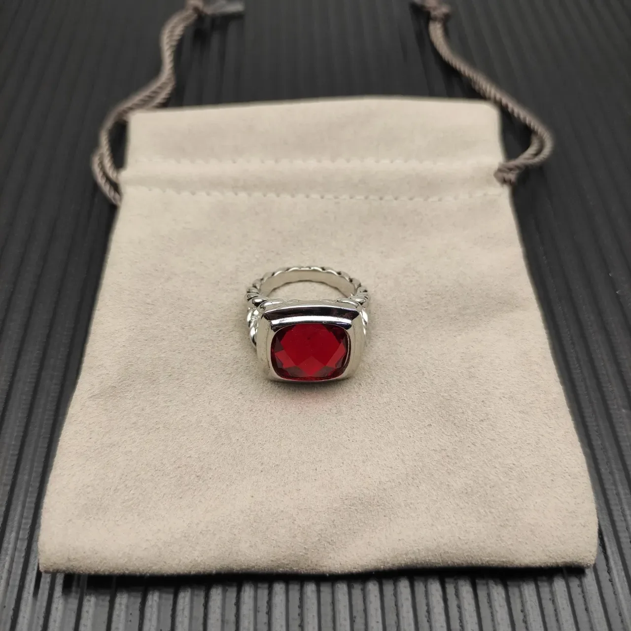 David Yurman Red Silver Twisted Cable Band Rectangular Bezel-Set Gemstone Ring 9