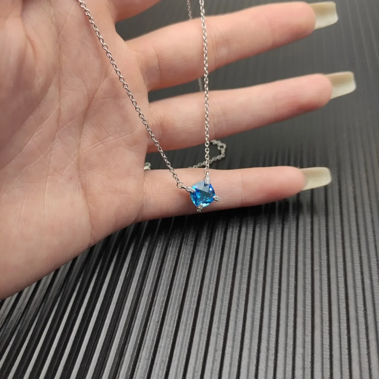 David Yurman Square Blue Gemstone Pendant Necklace 2