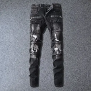 Distressed Black Cargo-Pocket Slim-Fit Jeans