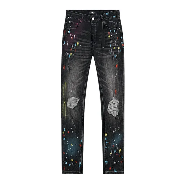 Distressed Paint-Splatter Black Denim Jeans 2