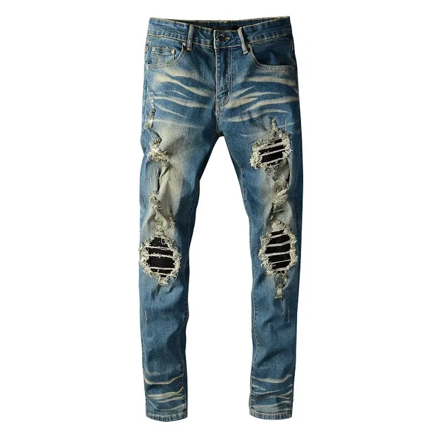 Distressed Ripped Faded Slim-Fit Blue Jeans 11