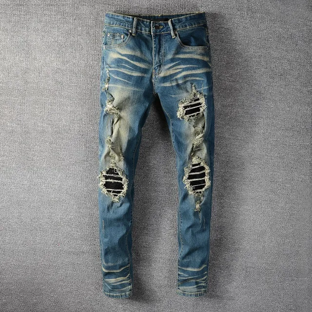 Distressed Ripped Faded Slim-Fit Blue Jeans 12