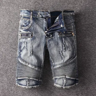 Distressed Zip-Pocket Moto-Panelled Denim Shorts