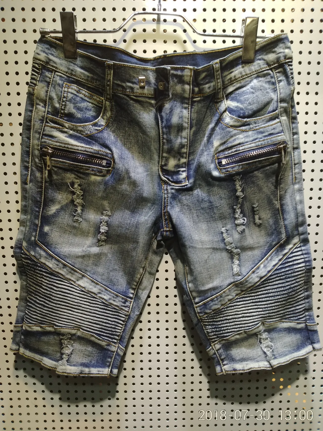 Distressed Zip-Pocket Moto-Panelled Denim Shorts 7