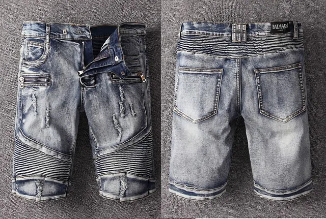 Distressed Zip-Pocket Moto-Panelled Denim Shorts 8