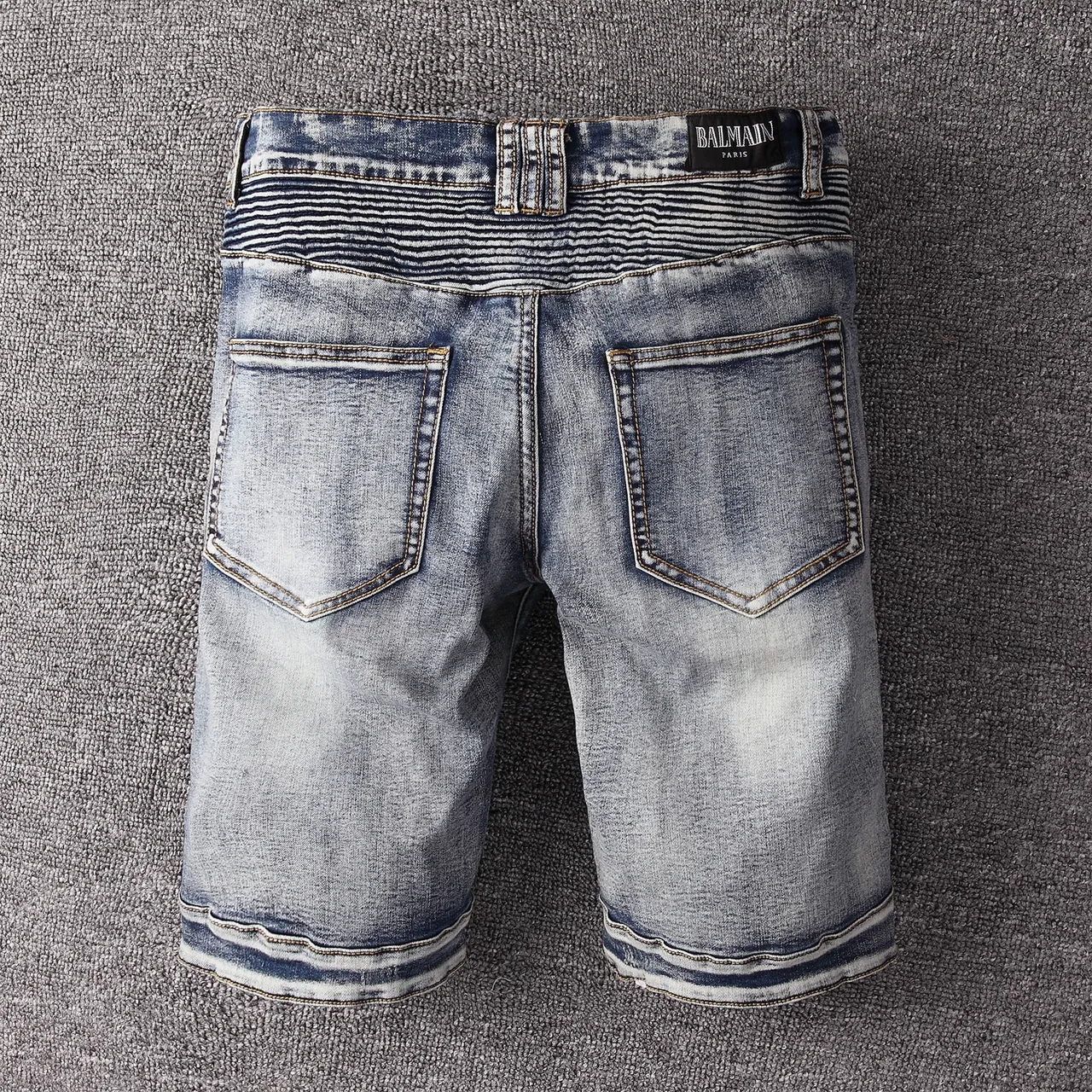 Distressed Zip-Pocket Moto-Panelled Denim Shorts 18