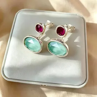 Dual-Stone Faceted Oval and Round Stud Earrings