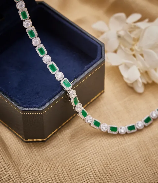 Emerald-Cut Green and White Gemstone Alternating Necklace 2