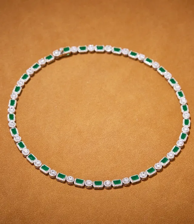 Emerald-Cut Green and White Gemstone Alternating Necklace 5