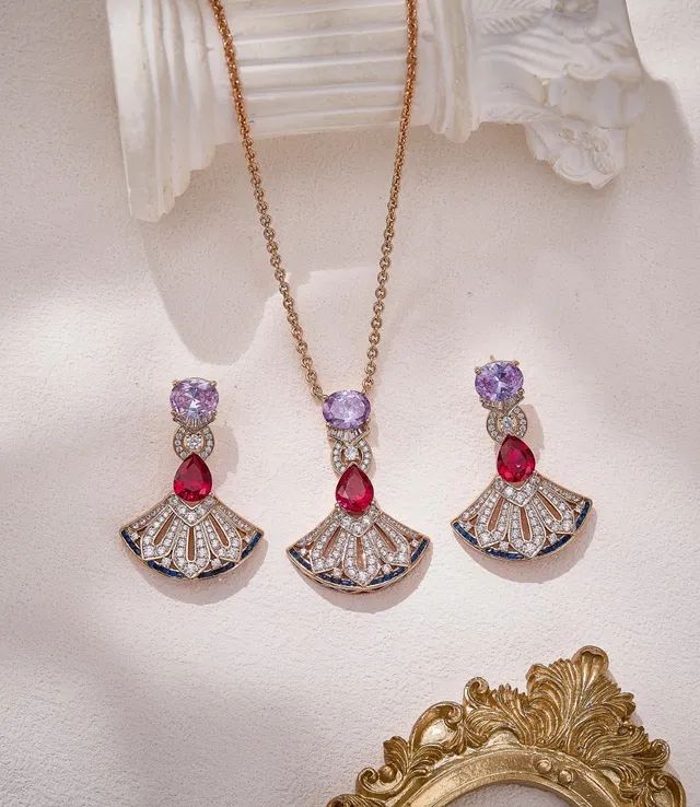 Fan Motif Multi-Gemstone Diamond Drop Earrings 2