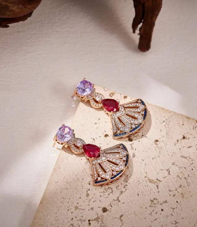 Fan Motif Multi-Gemstone Diamond Drop Earrings 3