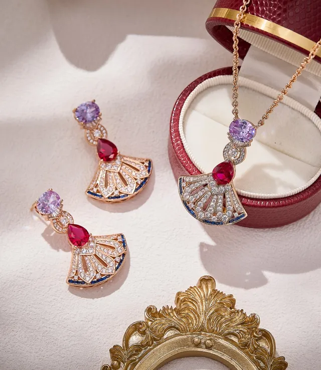 Fan Motif Multi-Gemstone Diamond Drop Earrings 4