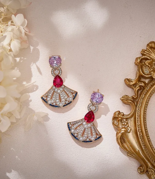 Fan Motif Multi-Gemstone Diamond Drop Earrings 6