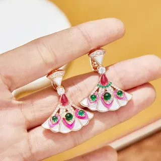 Fan-Shaped Enamel and Gemstone Drop Earrings