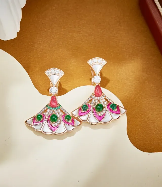 Fan-Shaped Enamel and Gemstone Drop Earrings 2