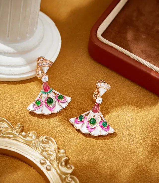 Fan-Shaped Enamel and Gemstone Drop Earrings 4
