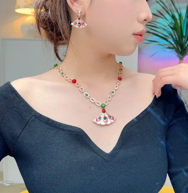 Fan-Shaped Enamel and Gemstone Drop Earrings 8