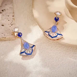 Fan-Shaped Enamel and Pavé Blue Stone Earrings