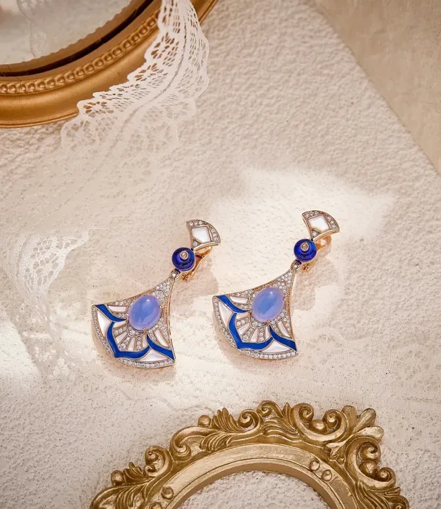 Fan-Shaped Enamel and Pavé Blue Stone Earrings 2