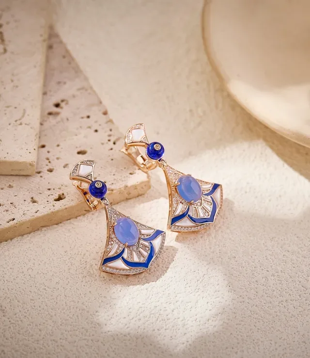 Fan-Shaped Enamel and Pavé Blue Stone Earrings 7