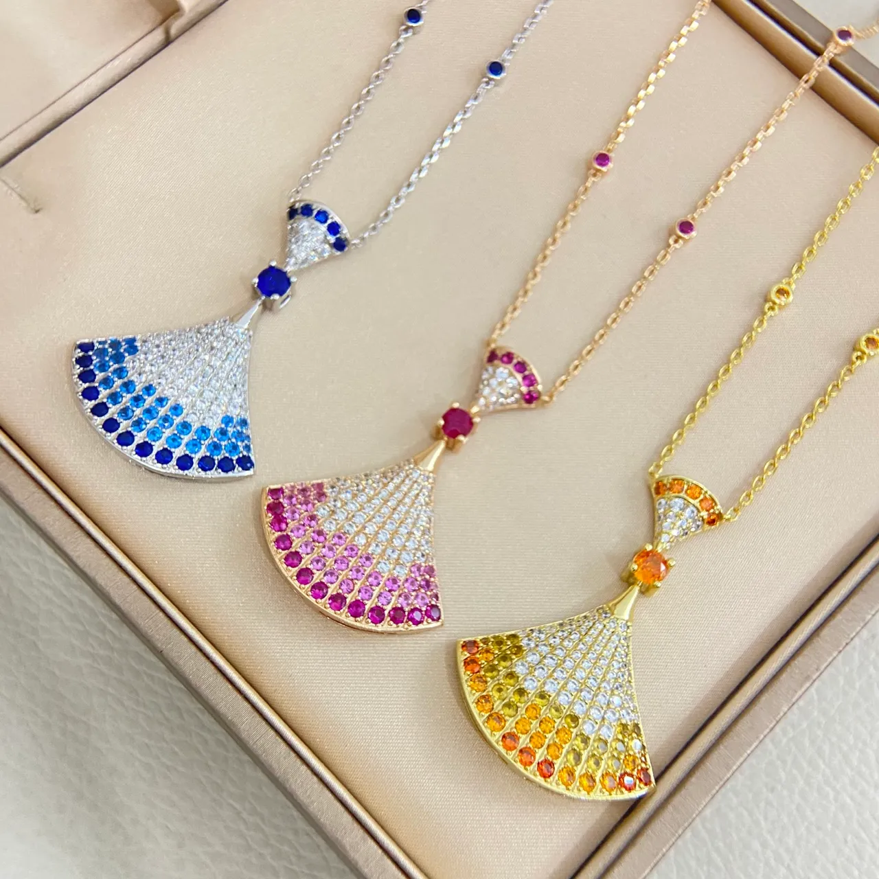 Fan-Shaped Pave Gemstone Gradient Pendant Necklaces 6