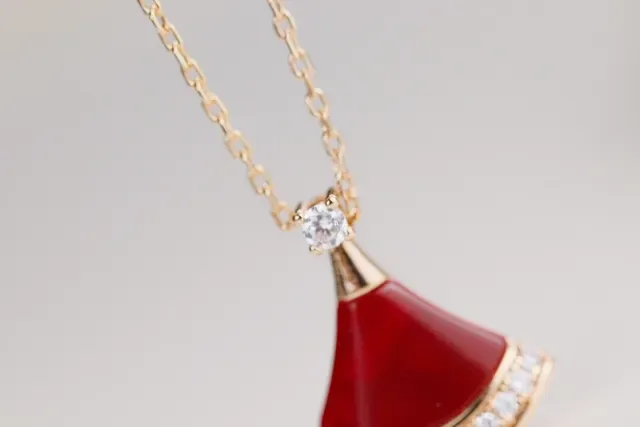 Fan-Shaped Red Enamel and Pavé Stone Pendant Necklace 2