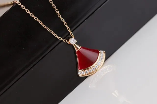 Fan-Shaped Red Enamel and Pavé Stone Pendant Necklace 6