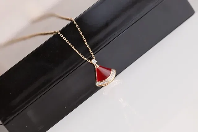 Fan-Shaped Red Enamel and Pavé Stone Pendant Necklace 7