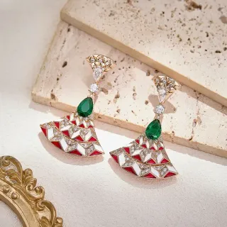 Fan-Shaped Red White Enamel and Emerald Drop Earrings