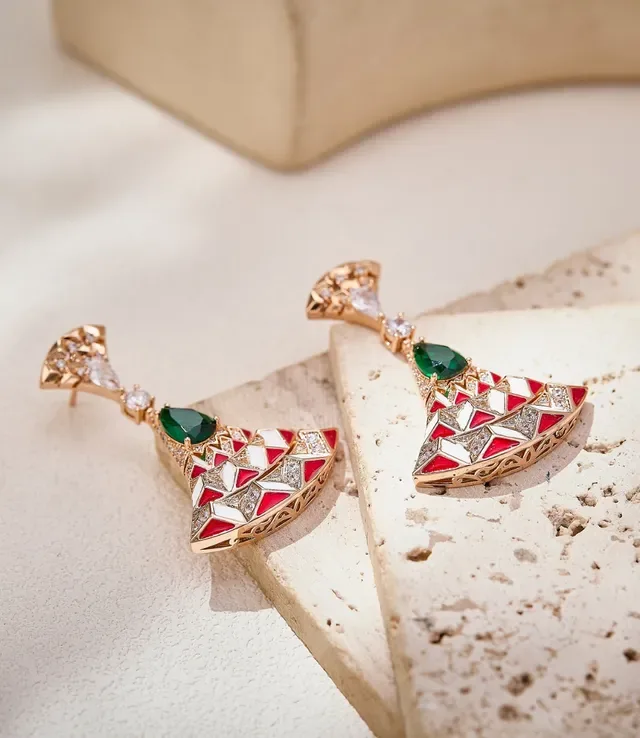 Fan-Shaped Red White Enamel and Emerald Drop Earrings 3