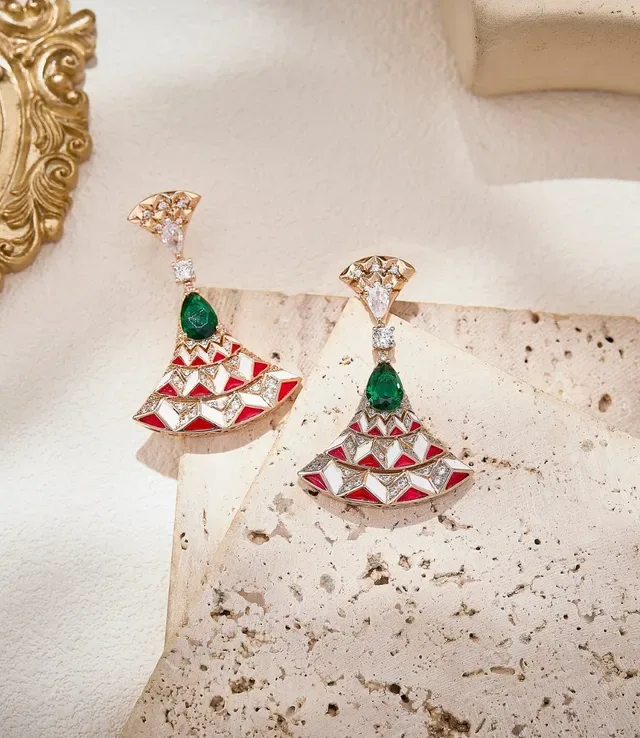 Fan-Shaped Red White Enamel and Emerald Drop Earrings 6