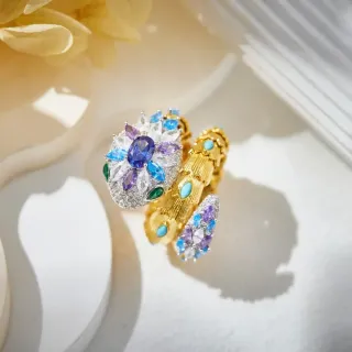 Floral Cluster and Serpentine Coiled Multi-Gemstone Ring