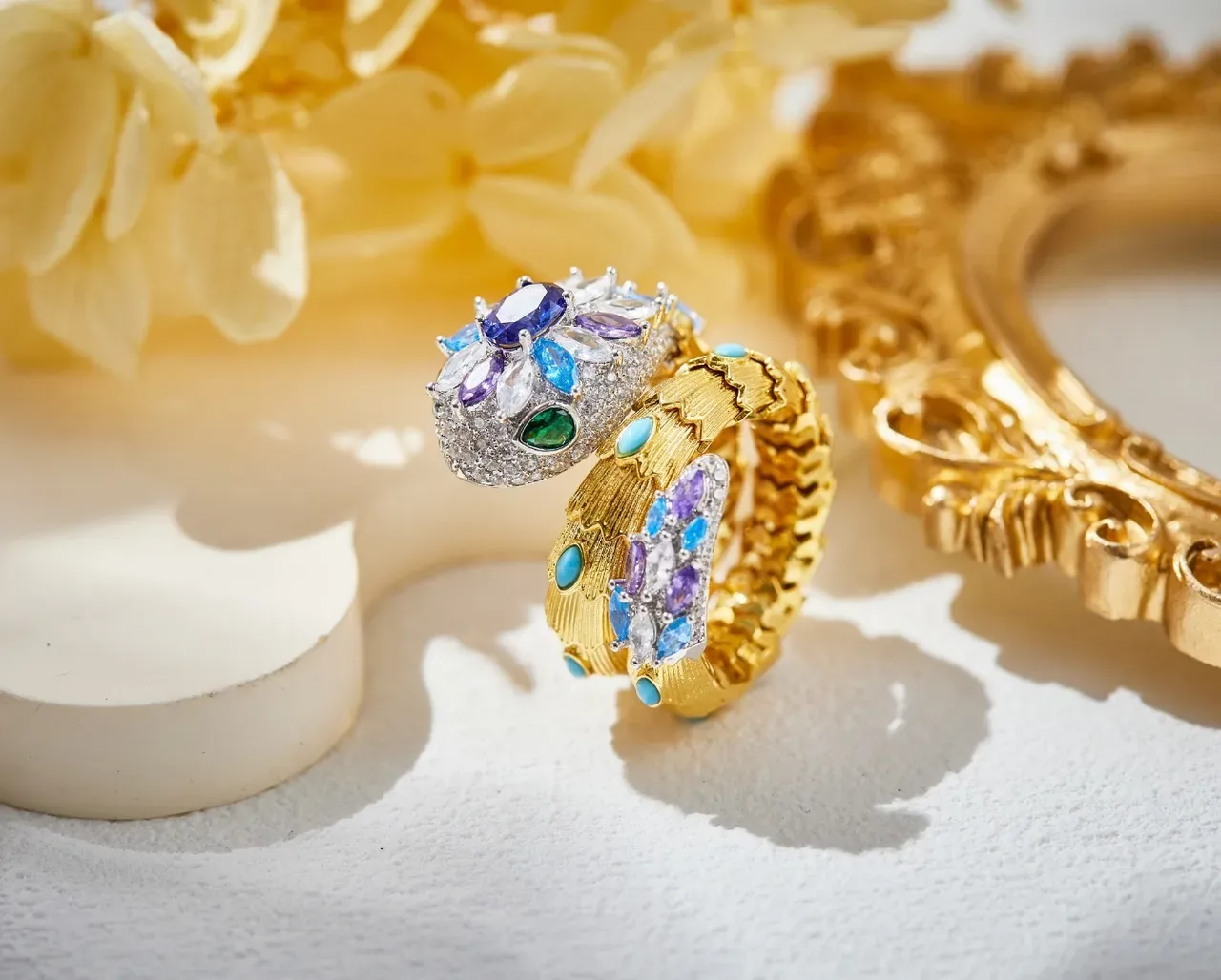 Floral Cluster and Serpentine Coiled Multi-Gemstone Ring 4