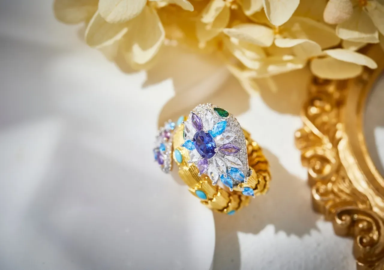 Floral Cluster and Serpentine Coiled Multi-Gemstone Ring 6