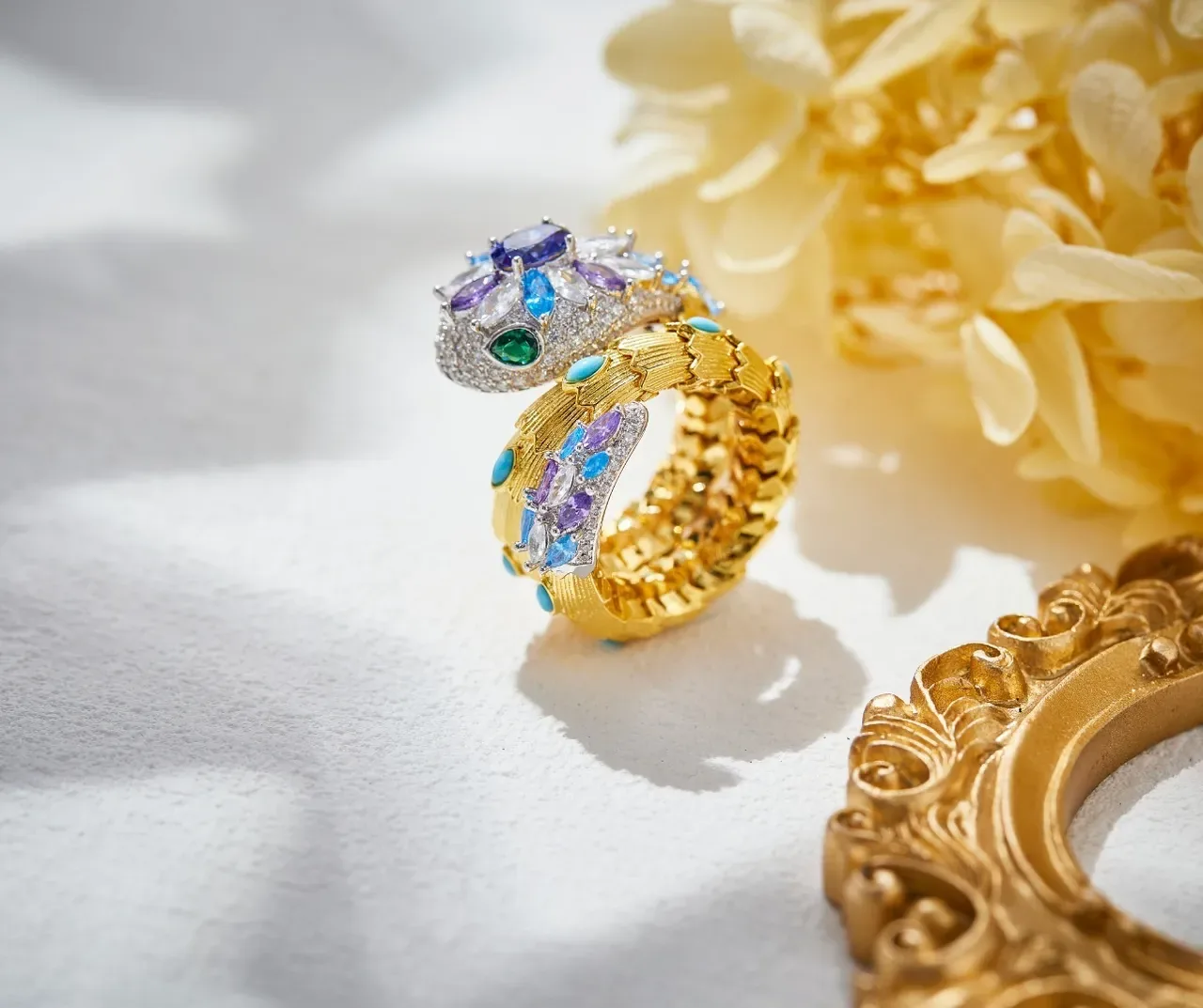 Floral Cluster and Serpentine Coiled Multi-Gemstone Ring 7