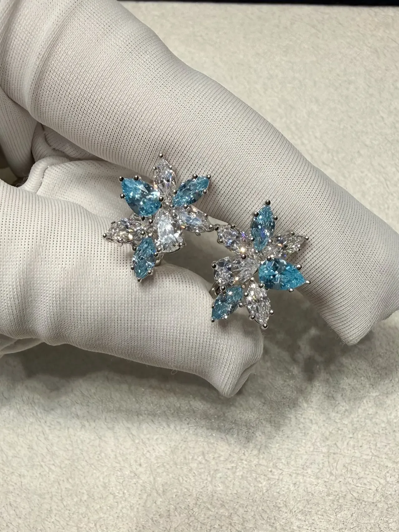 Floral Cluster Marquise-Cut Blue and Clear Stone Stud Earrings 2