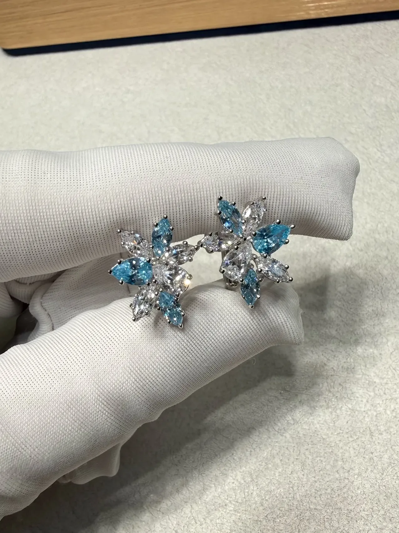 Floral Cluster Marquise-Cut Blue and Clear Stone Stud Earrings 3
