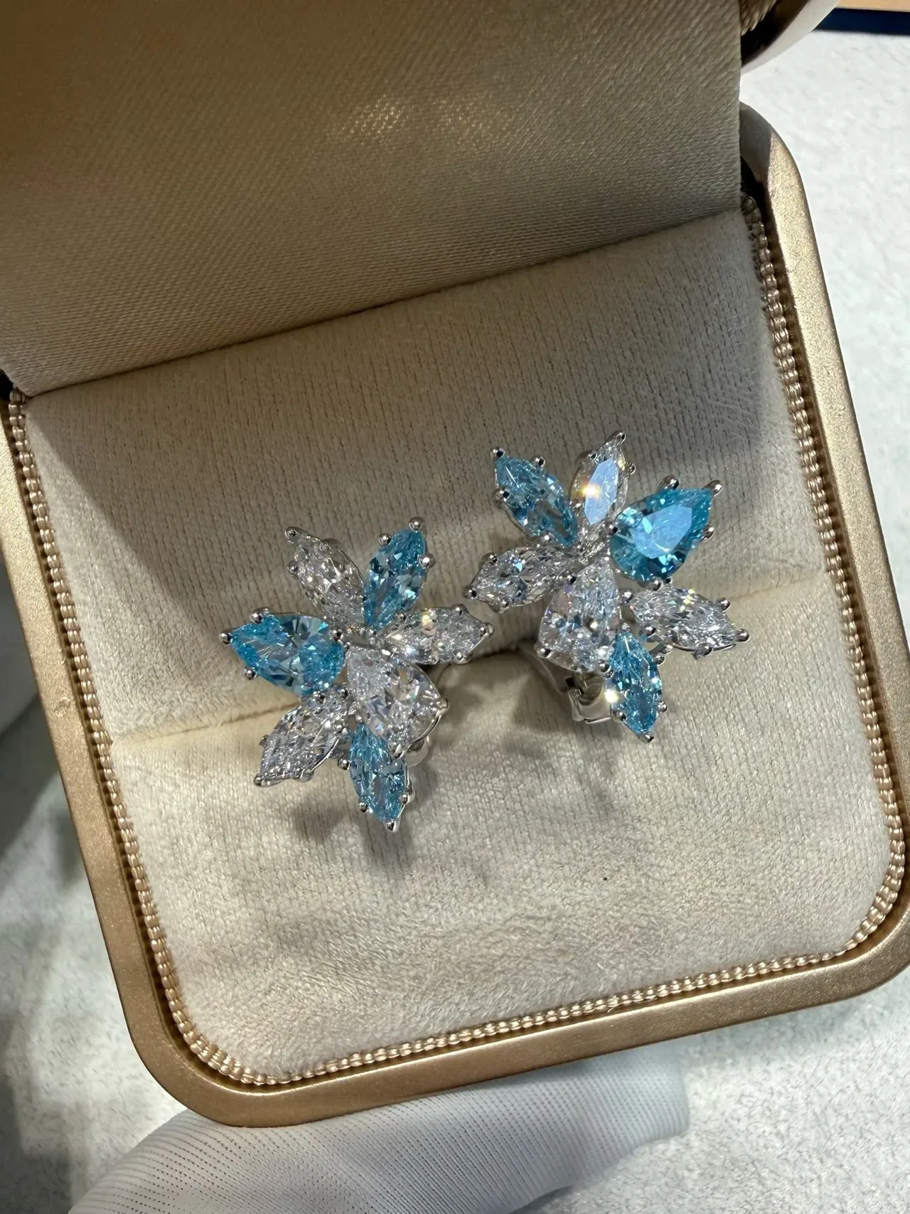 Floral Cluster Marquise-Cut Blue and Clear Stone Stud Earrings 4