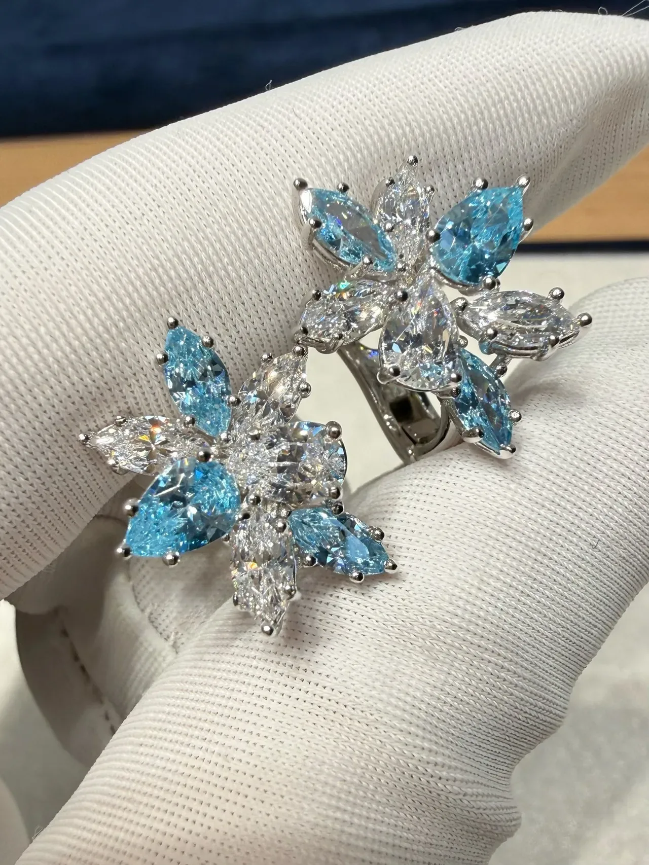 Floral Cluster Marquise-Cut Blue and Clear Stone Stud Earrings 7