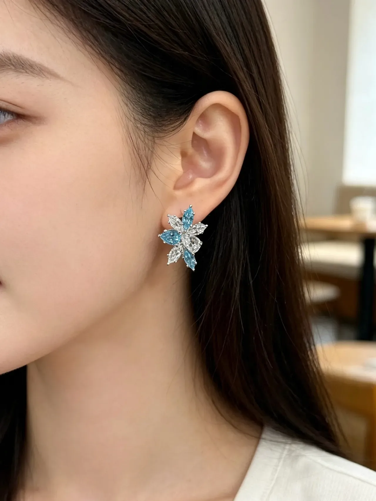 Floral Cluster Marquise-Cut Blue and Clear Stone Stud Earrings 8