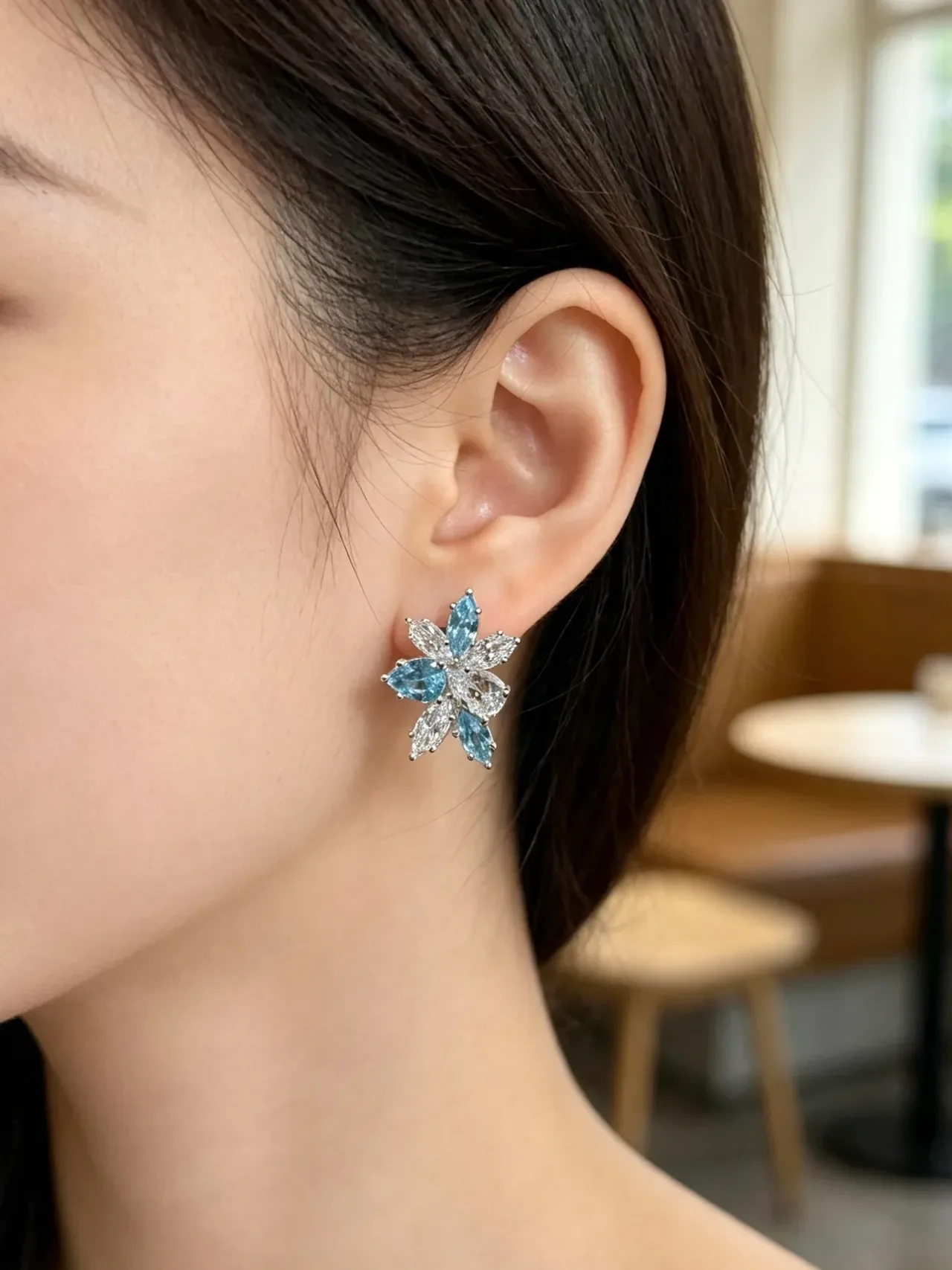 Floral Cluster Marquise-Cut Blue and Clear Stone Stud Earrings 9