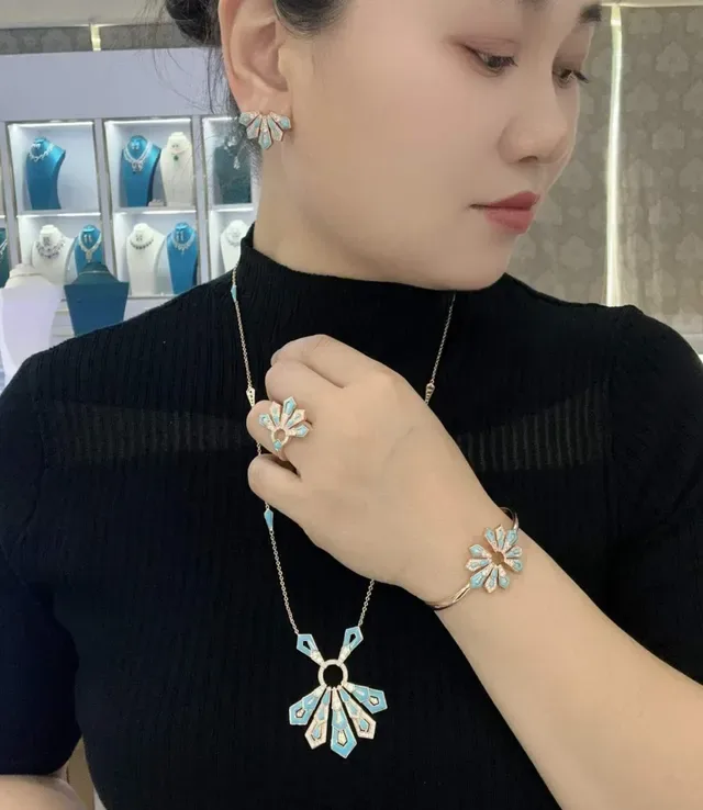 Floral Geometric Turquoise Enamel and Pavé Rose Gold Bracelet 3